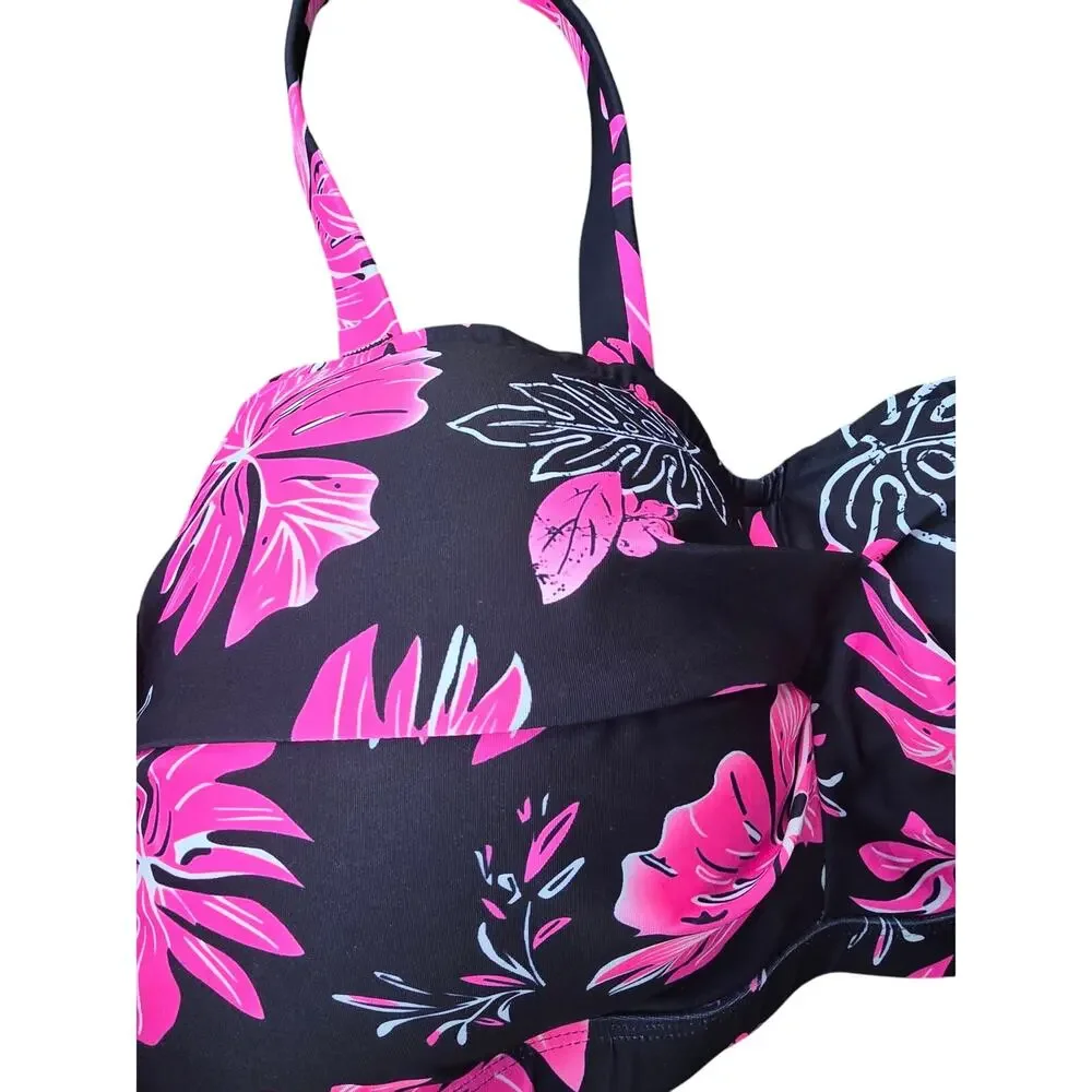 Yonique Bikini Swim Top 22 Womens Plus Size‎ Black Pink Padded Tropical Beachy